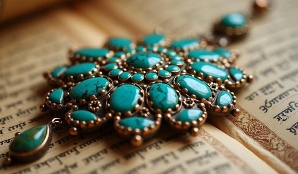 "A close-up realistic image of an ancient Persian turquoise-inlaid jewelry piece on a historical manuscript background."