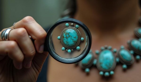 "A close-up realistic image of a hand holding a magnifying glass inspecting a turquoise-inlaid necklace."