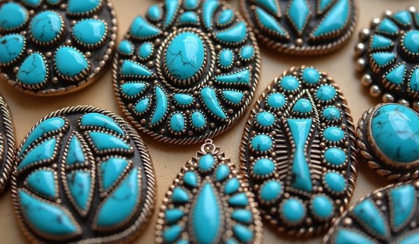 "A close-up realistic image showcasing ten different turquoise-inlaid jewelry designs arranged artistically."