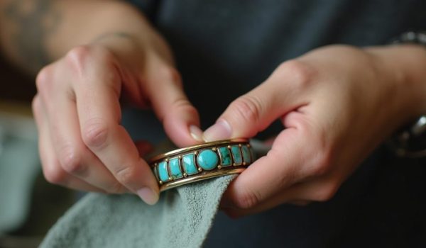 "A close-up realistic image of a person gently cleaning a turquoise-inlaid bracelet with a soft cloth."