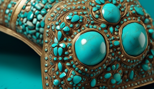 "A close-up realistic image of a traditional Persian artifact adorned with turquoise stones."