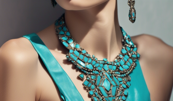 "A close-up realistic image of a fashion model wearing a turquoise-inlaid necklace with a stylish outfit."