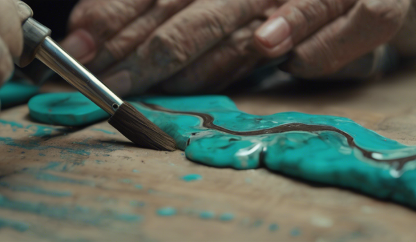 "A close-up realistic image of an artist’s hands crafting a turquoise-inlaid piece in a workshop."