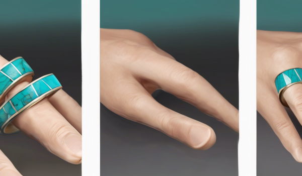 "A close-up realistic image sequence showing the step-by-step process of creating a turquoise-inlaid ring."