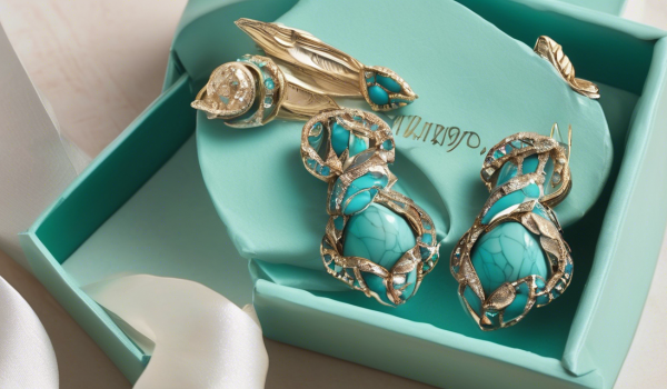 "A close-up realistic image of a beautifully wrapped gift box containing a turquoise-inlaid earrings set."