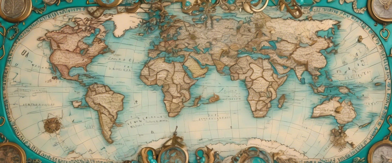 "A close-up realistic image of a world map with turquoise-inlaid jewelry pieces placed on different countries."
