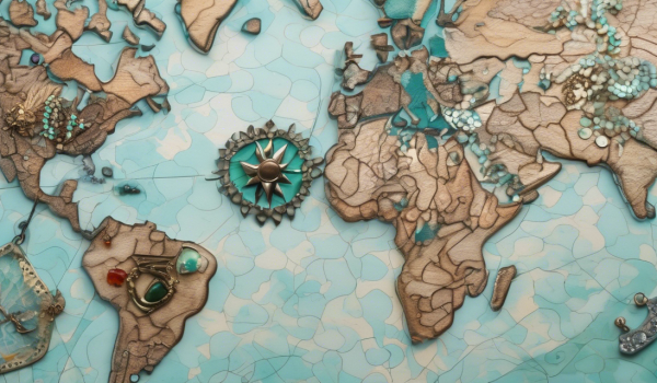 "A close-up realistic image of a world map with turquoise-inlaid jewelry pieces placed on different countries."