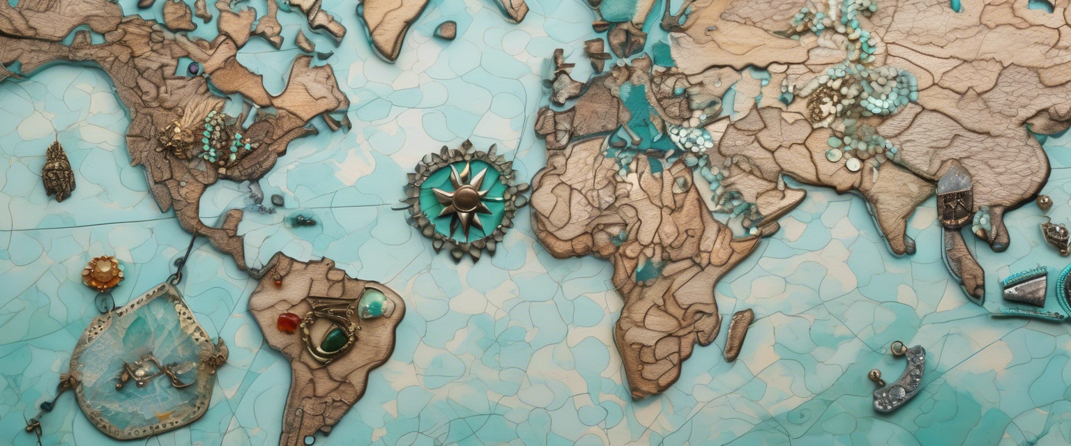 "A close-up realistic image of a world map with turquoise-inlaid jewelry pieces placed on different countries."