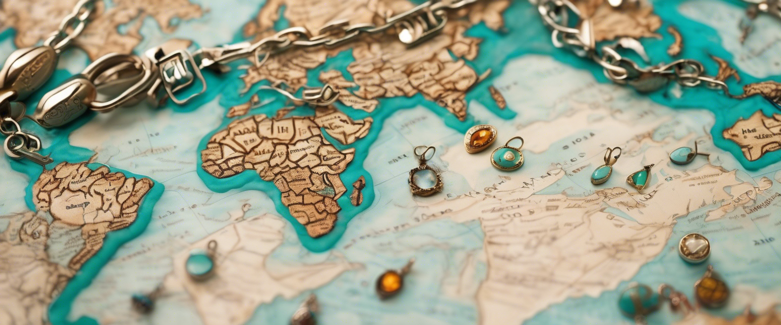 "A close-up realistic image of a world map with turquoise-inlaid jewelry pieces placed on different countries."